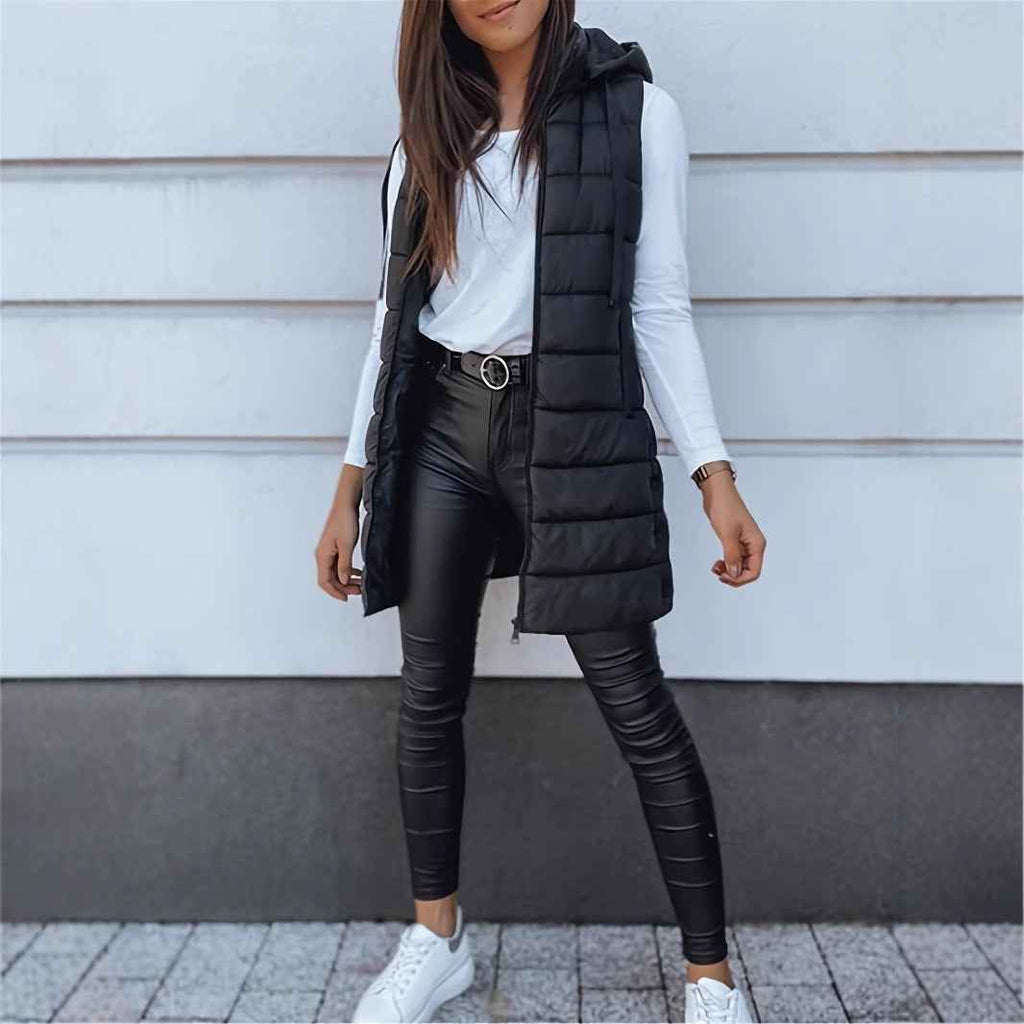 Solid Color Hooded Quilted Cotton Vest Coat with Zipper
