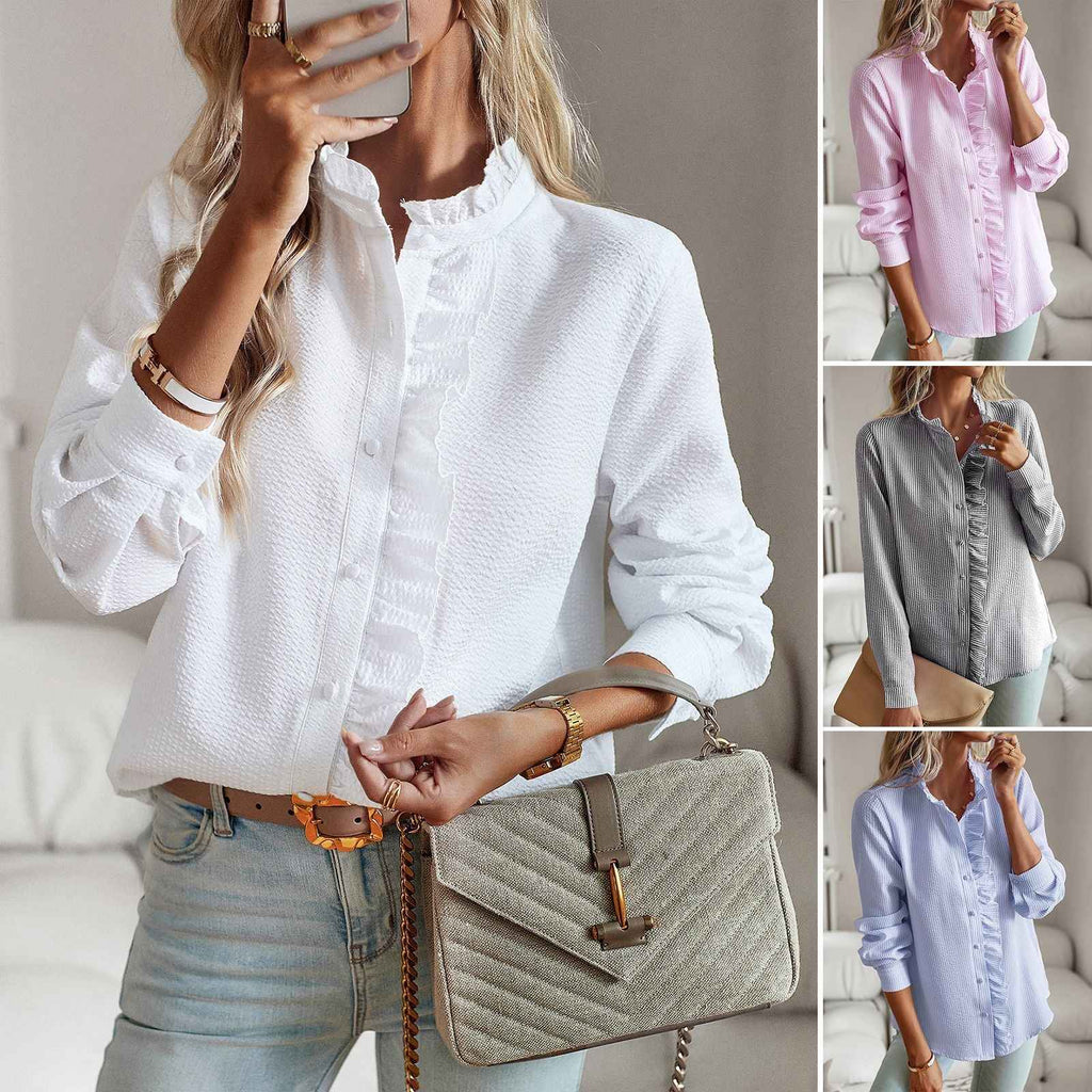 Striped Long Sleeve Button-Up Blouse with Ruffle Detail, Casual Office Shirt for Women