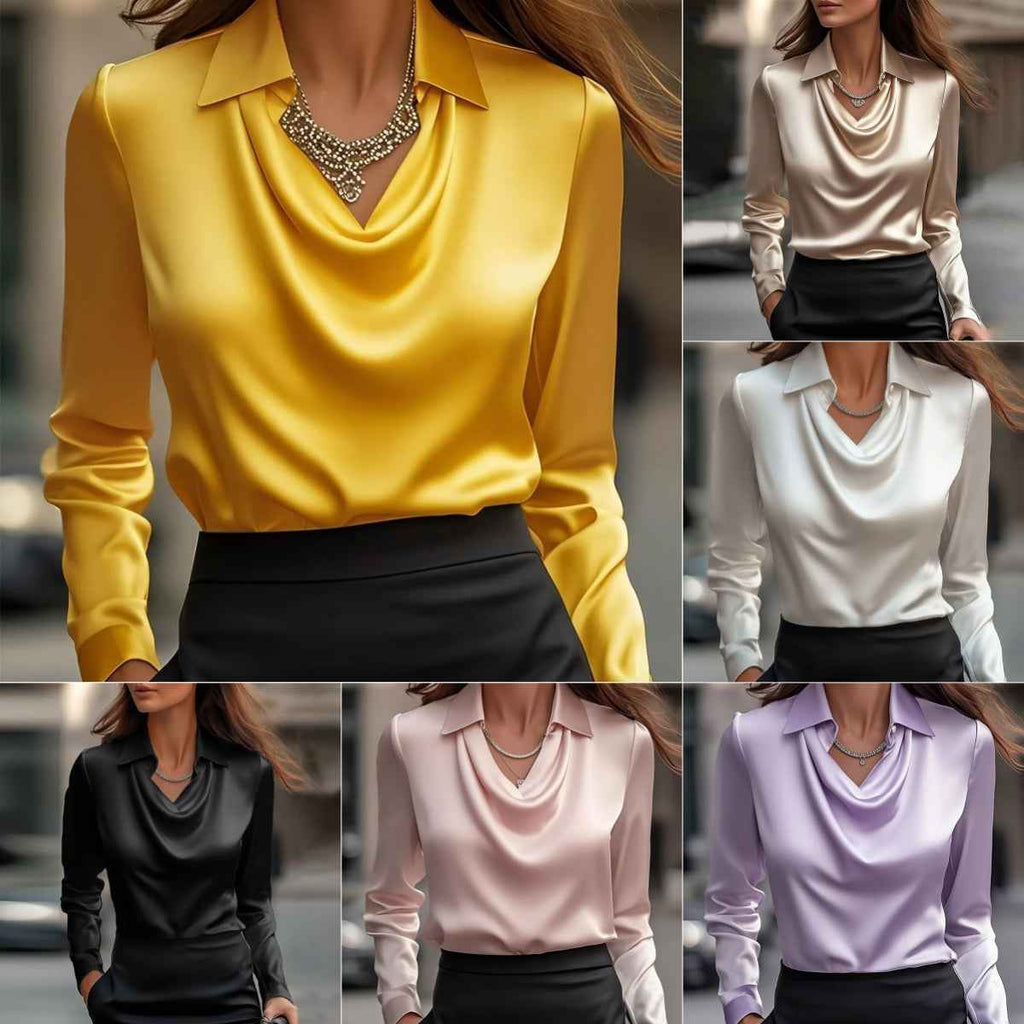 Elegant Women's Solid Color Satin Draped Shirt, Long Sleeve Office & Casual Pullover