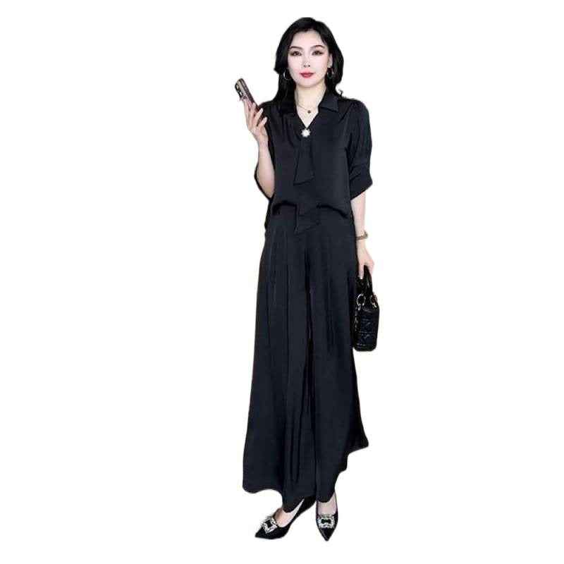 Chic 3D Effect Chiffon Top & Wide-Leg Pants Set - Urban Elegance