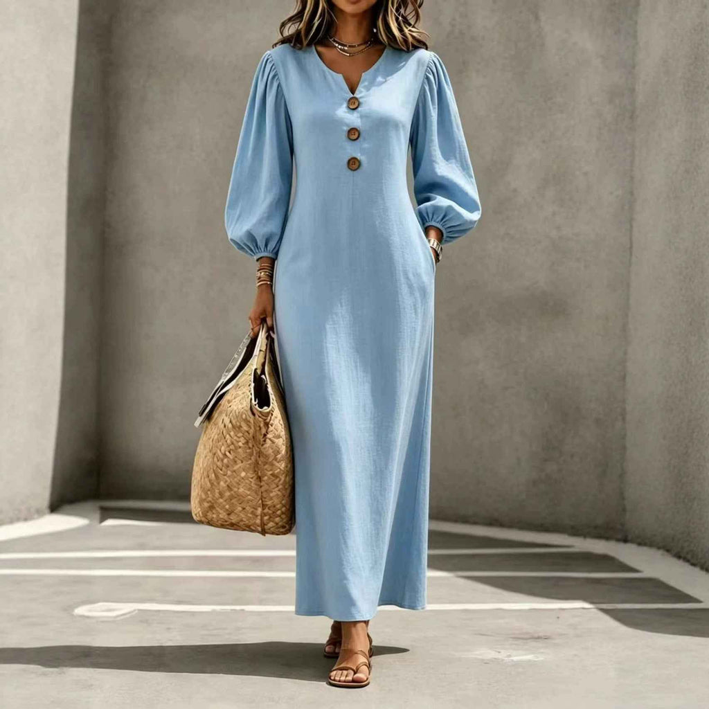 V-Neck Puff Sleeve A-Line Dress Women Long Casual Summer Autumn