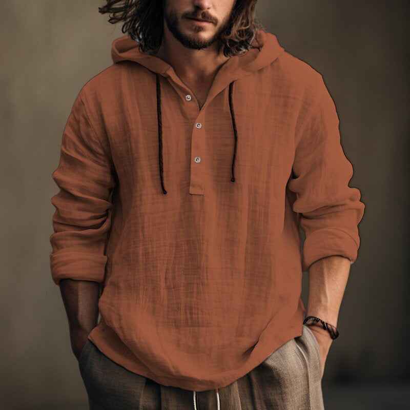 Vintage Linen Hooded Pullover Shirt - Lightweight Cotton-Linen Streetwear