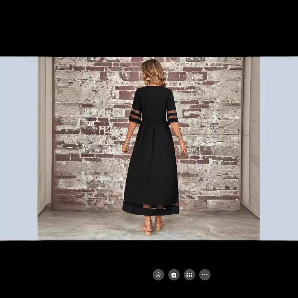 Patchwork Round Neck Mesh Pocket Skirt - Fashionable Casual Wear