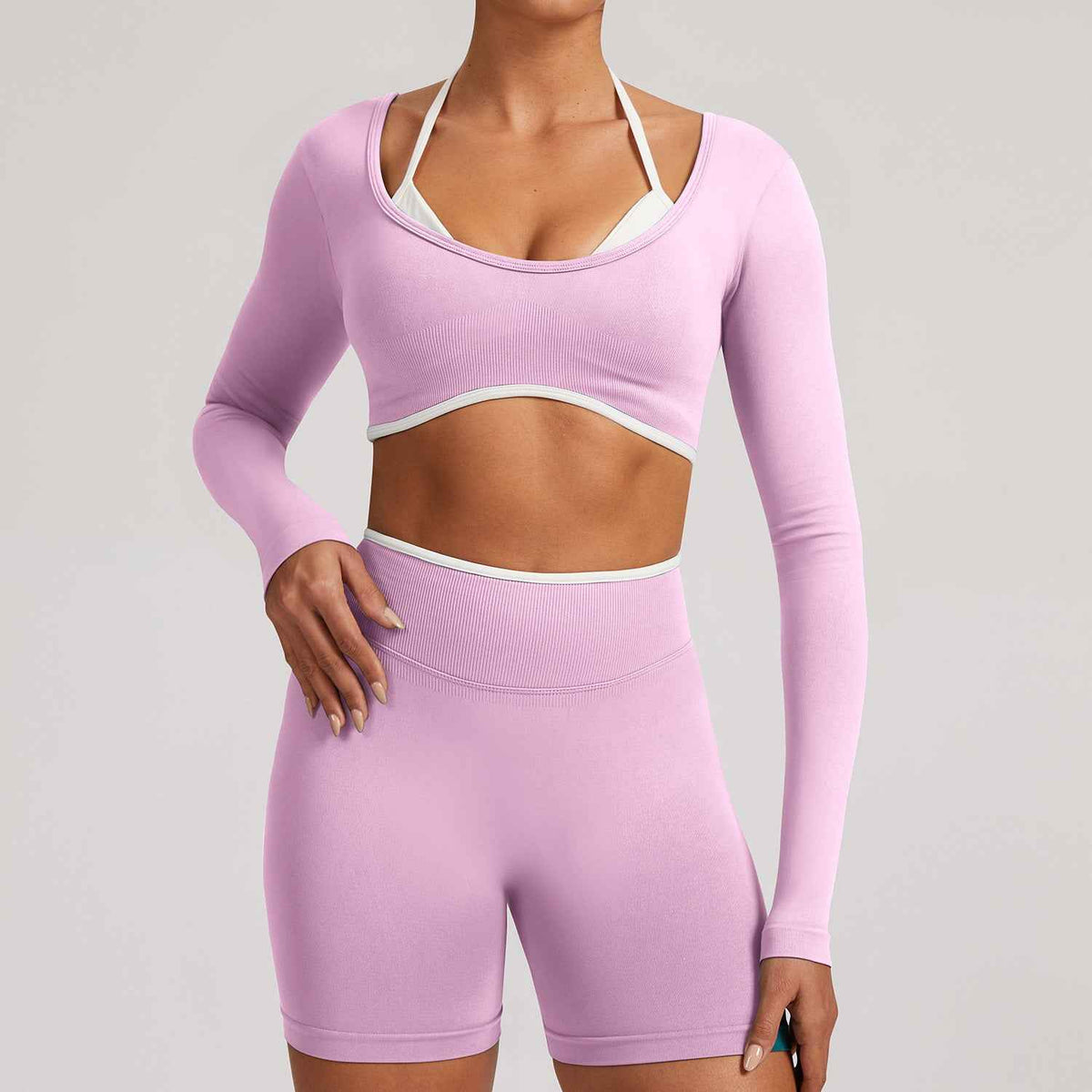 Cross-border Tight-fitting Seamless Faux Two-piece Long-sleeve Sports Top