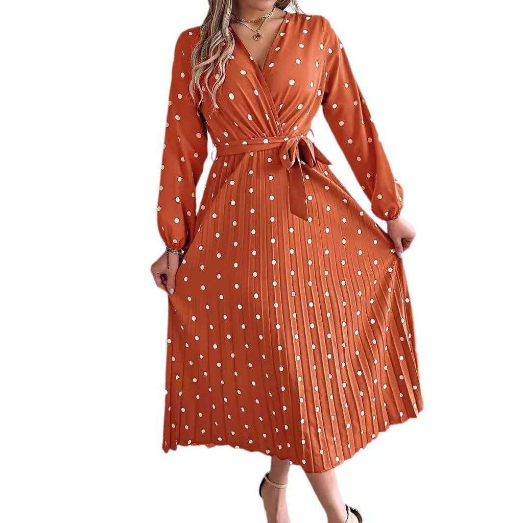 Polka Dot V-Neck Pleated Bridesmaid Dress - Elegant Formal Occasion