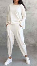 Women's Irregular Suit Long Sleeve Round Neck Top & Loose Harem Pants with Pockets - Fashion Casual Set