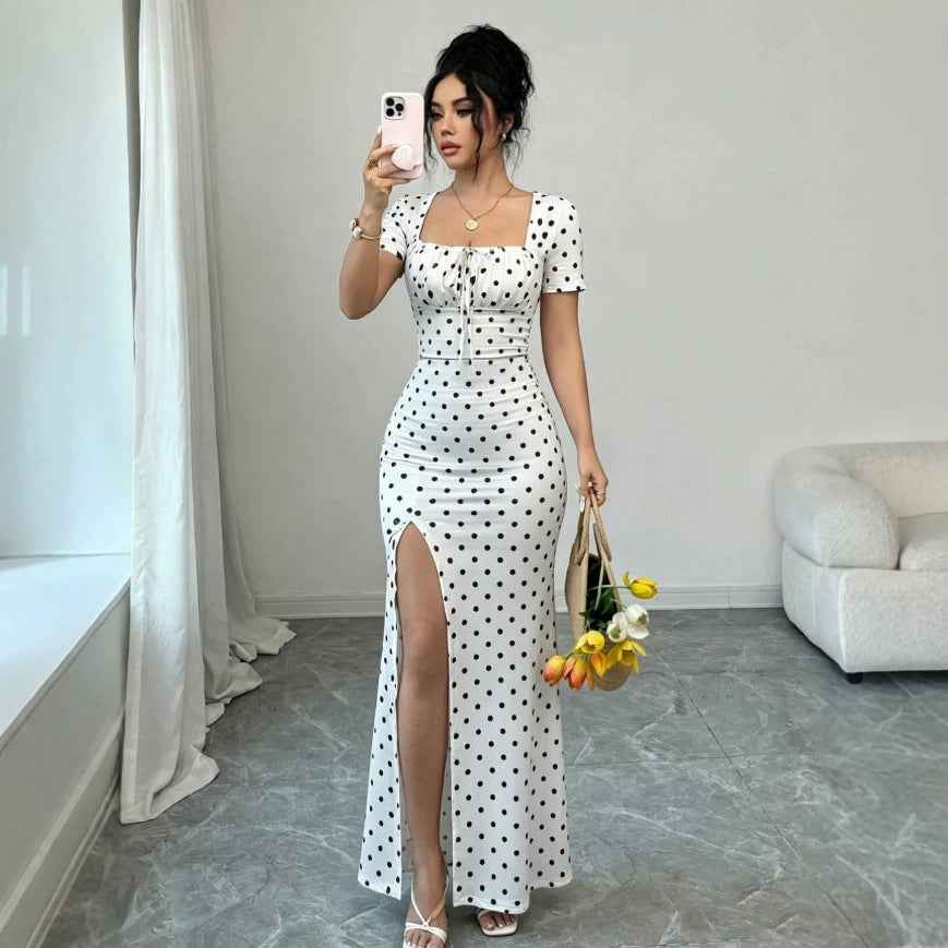 Womens Cinched-waist Fishtail Polka-dot Dress