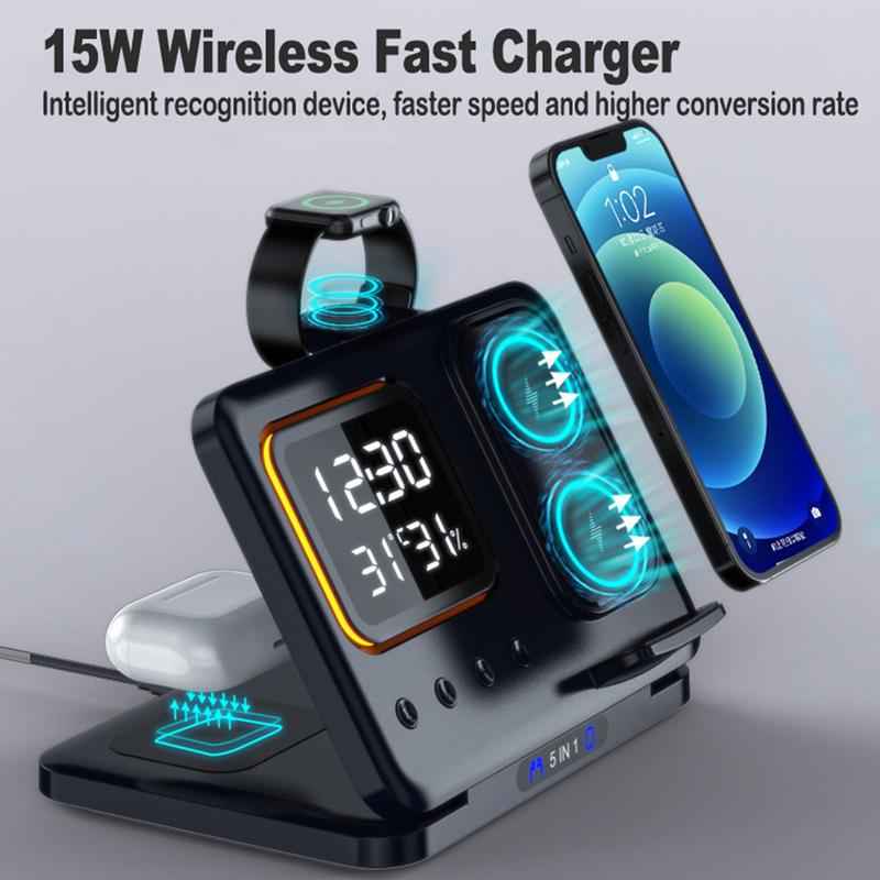 15W Wireless Charging Stand 5-in-1 Alarm Clock: Multi-Device Fast Charger