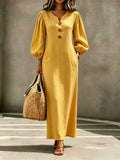 V-Neck Puff Sleeve A-Line Dress Women Long Casual Summer Autumn