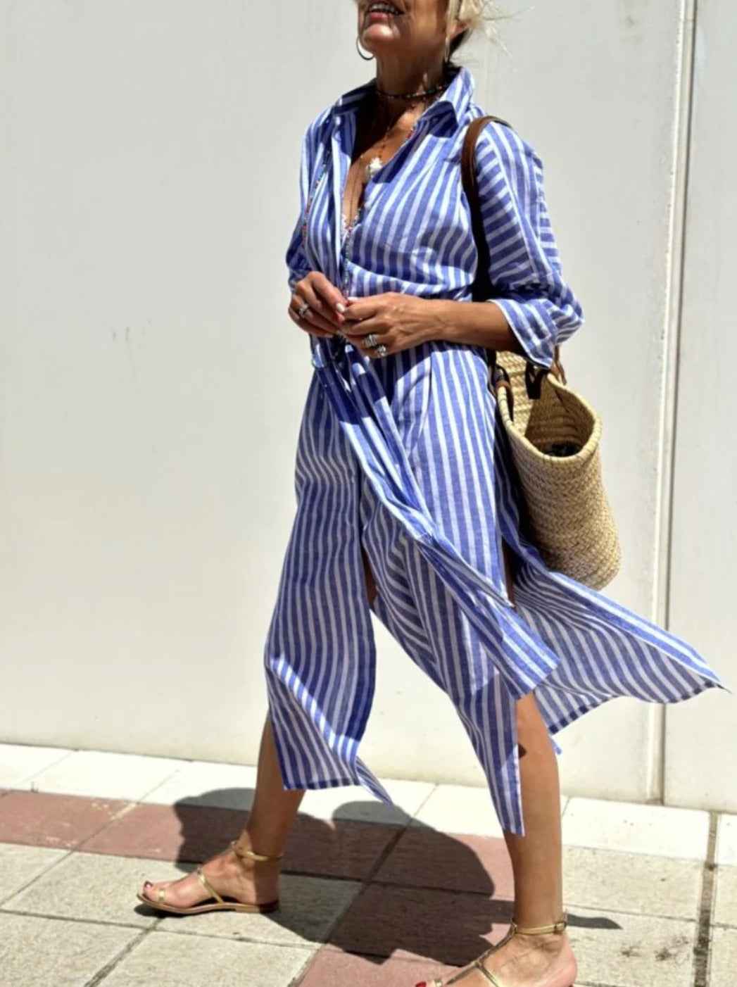 Orange Striped Shirt Dress with Waist Belt & Lapel Collar