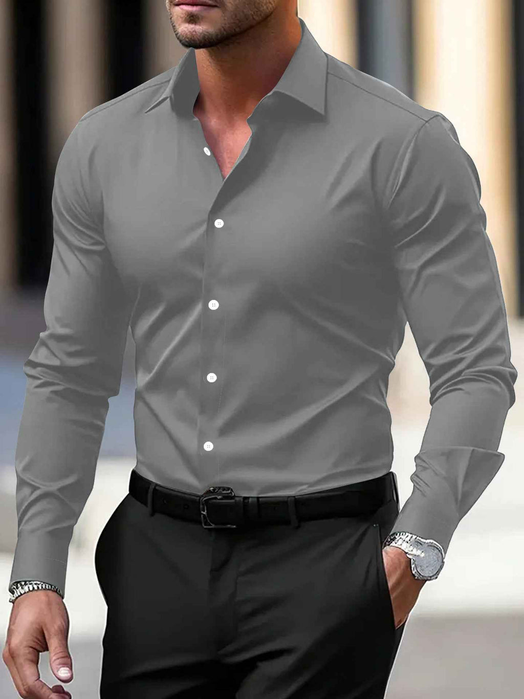 Men's Business Button-Down Shirt - Summer Solid Color Lapel Style