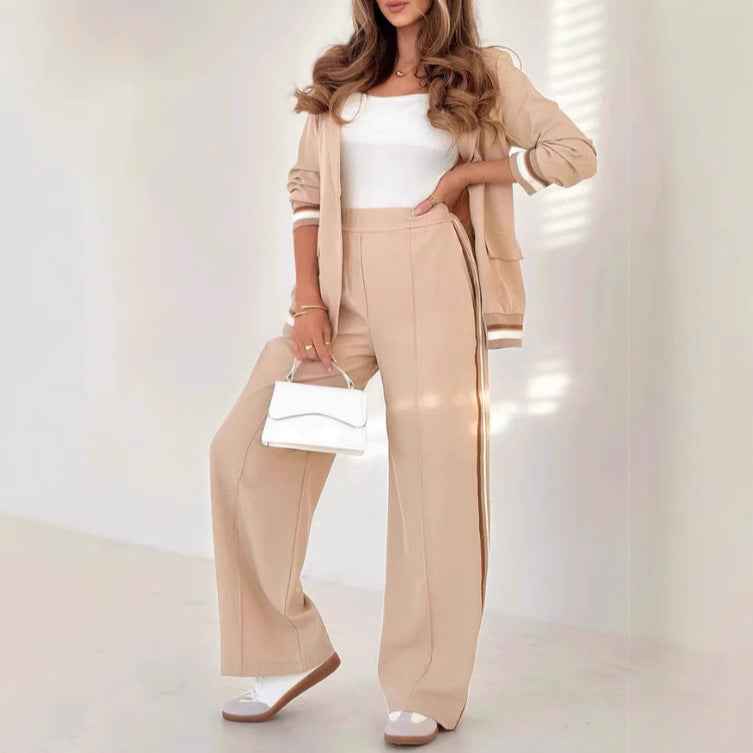 Khaki Blazer & Wide-Leg Trousers Suit Set - Professional & Comfortable