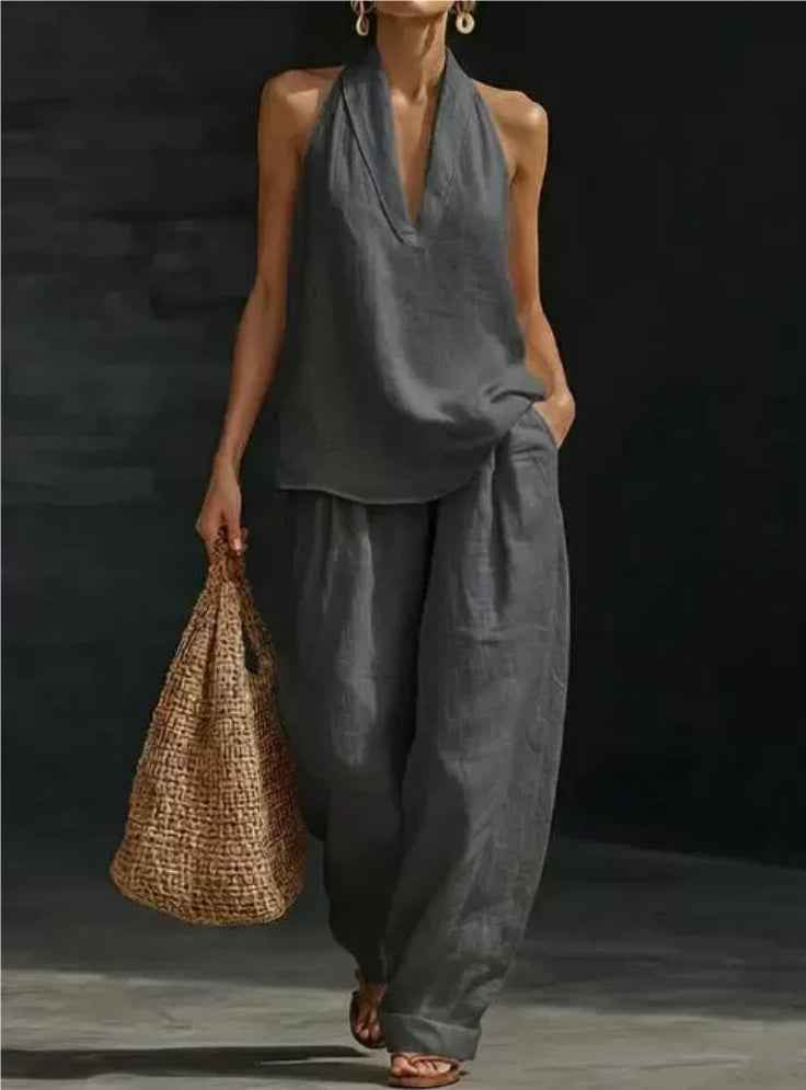 Women's Summer Fashion V-Neck Tank Top & Wide-leg Pants Set
