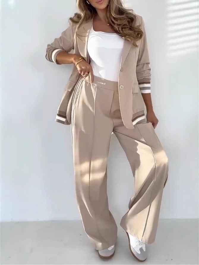 Khaki Blazer & Wide-Leg Trousers Suit Set - Professional & Comfortable