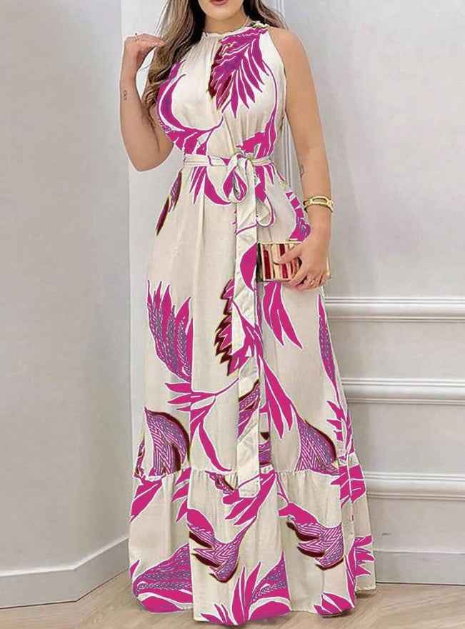 Women's Plant Print Maxi Dress: A-Line Sleeveless Boho Style Summer Gown