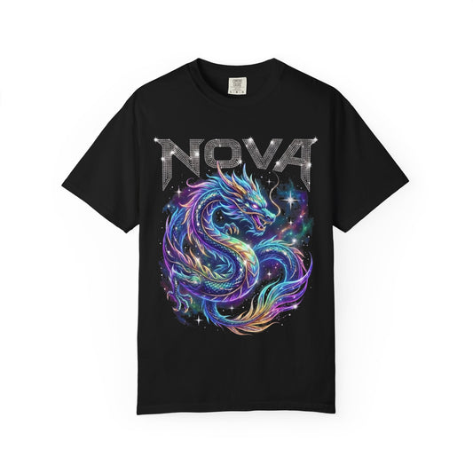 Retro Y2K Nova Celestial Dragon Graphic Tee - Comfort Colors 1717 Heavyweight Glistening Rhinestone Font Cosmic Aesthetic Streetwear T-Shirt