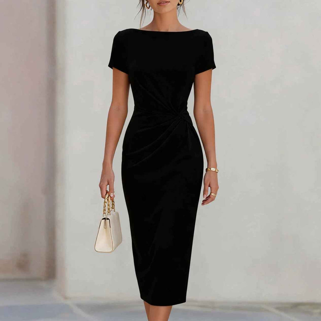 Fitted Waist Pleated Midi Dress for Women, Slim Fit Style