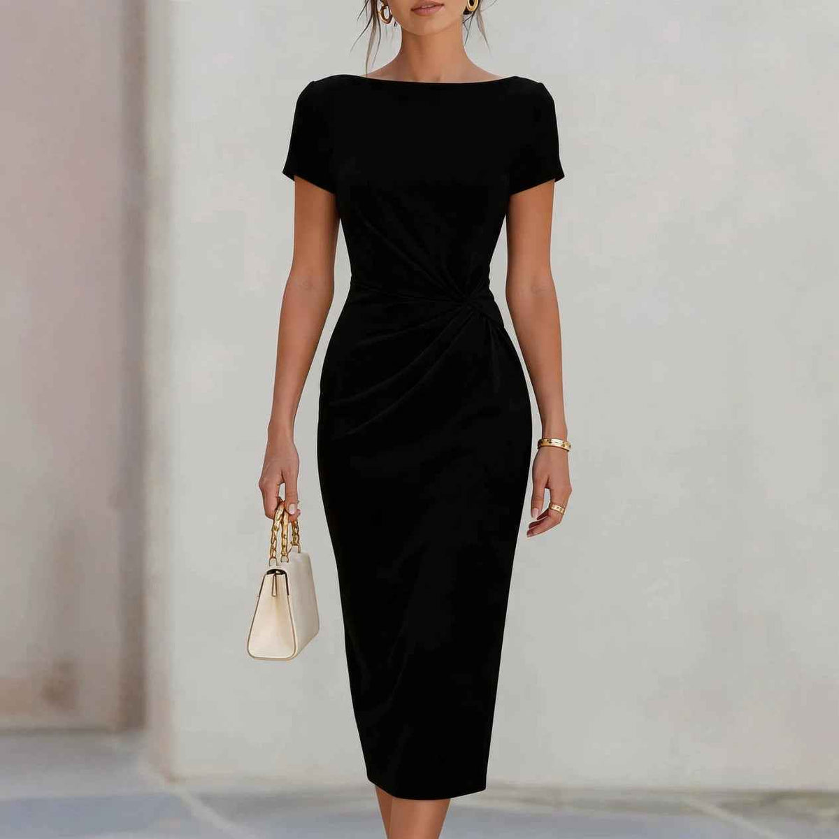 Fitted Waist Pleated Midi Dress for Women, Slim Fit Style
