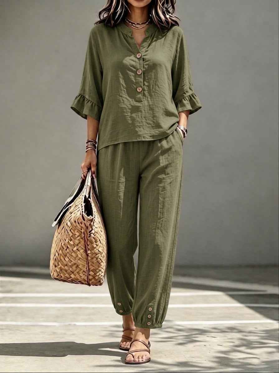 Women's Retro V-Neck Top & Cropped Wide Leg Trousers Set, Casual Button Three-Quarter Sleeve Office Suit