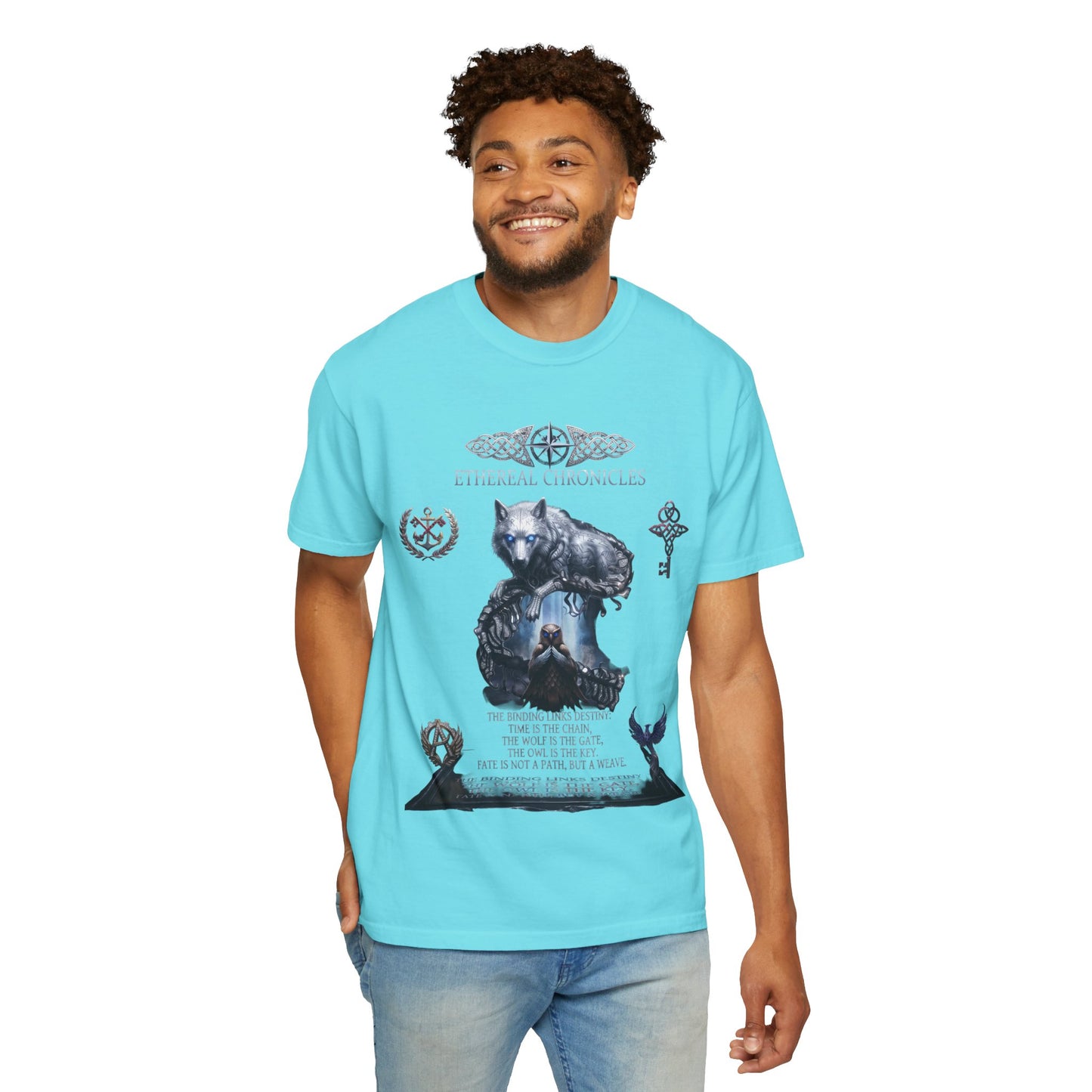 Ethereal Chronicles Graphic Tee | Mythical Wolf & Celestial Owl Shirts for Men & Women | Dark Fantasy Gothic Aesthetics Heavyweight Comfort Colors 1717 T-Shirt