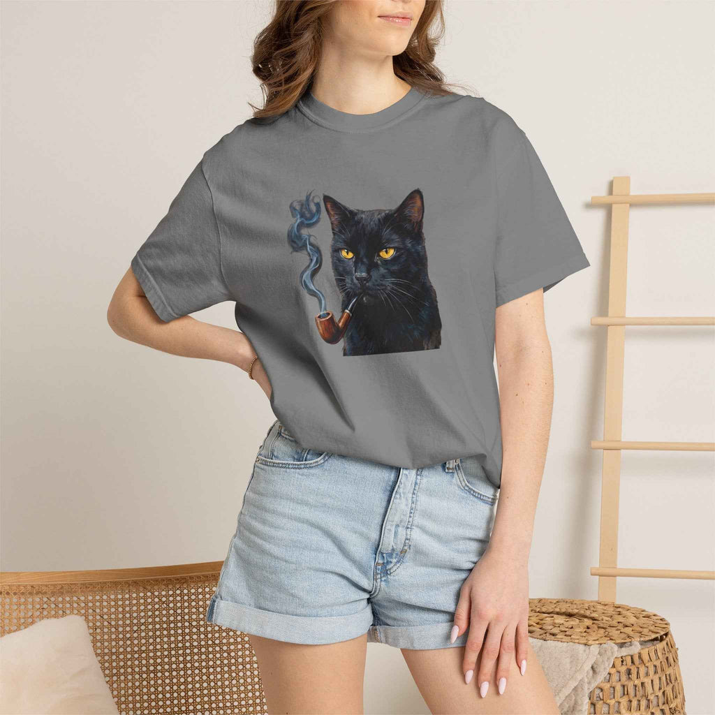 Smoking Cat Graphic T-Shirt — Vintage Noir Cat with Pipe Tee