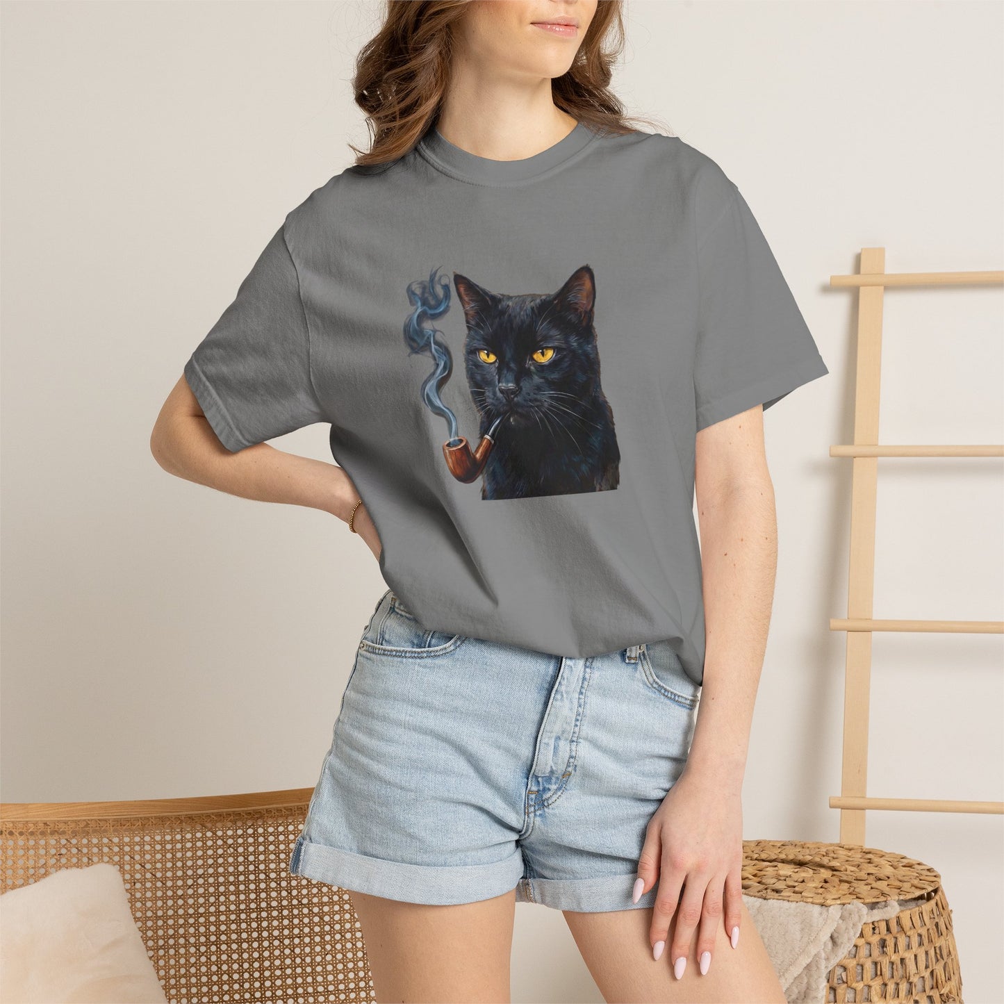 Smoking Cat Graphic T-Shirt — Retro Black Cat with Pipe Tee