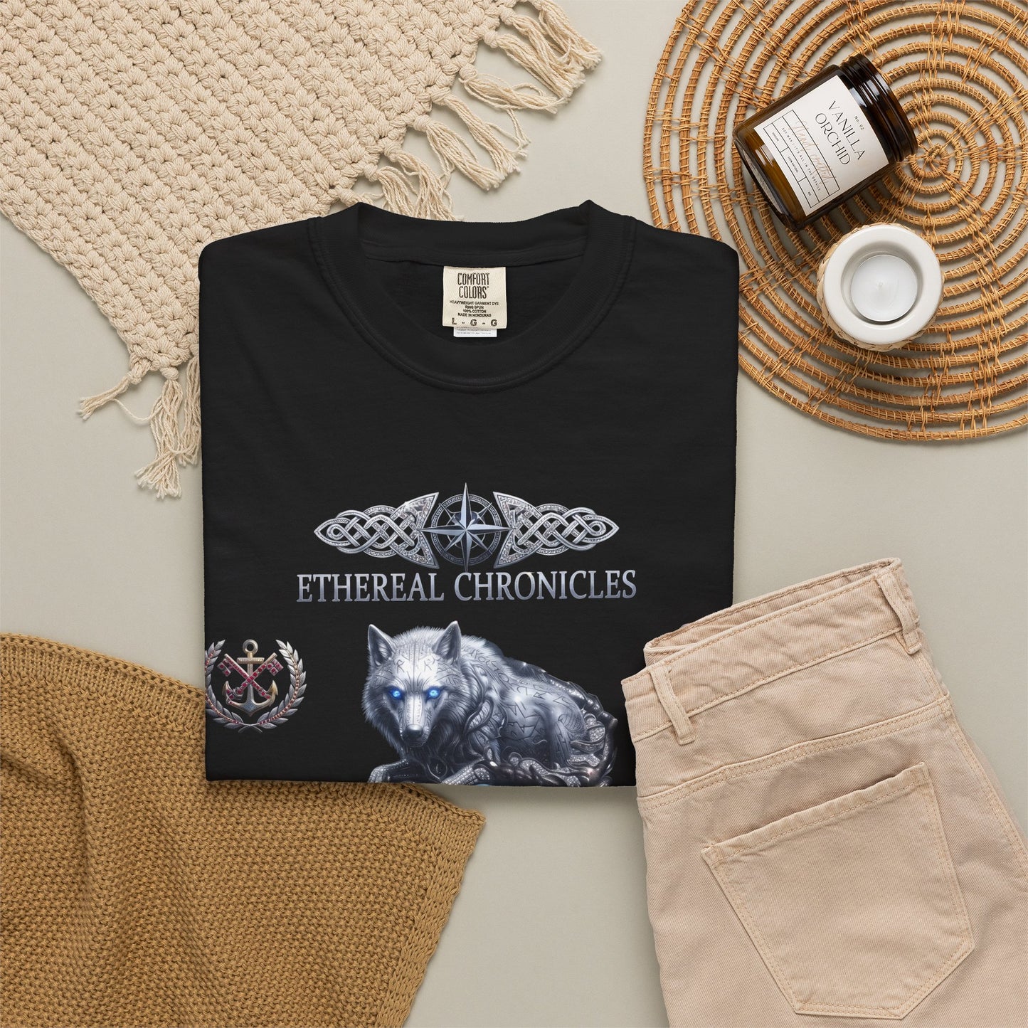 Ethereal Chronicles Graphic Tee | Mythical Wolf & Celestial Owl Shirts for Men & Women | Dark Fantasy Gothic Aesthetics Heavyweight Comfort Colors 1717 T-Shirt