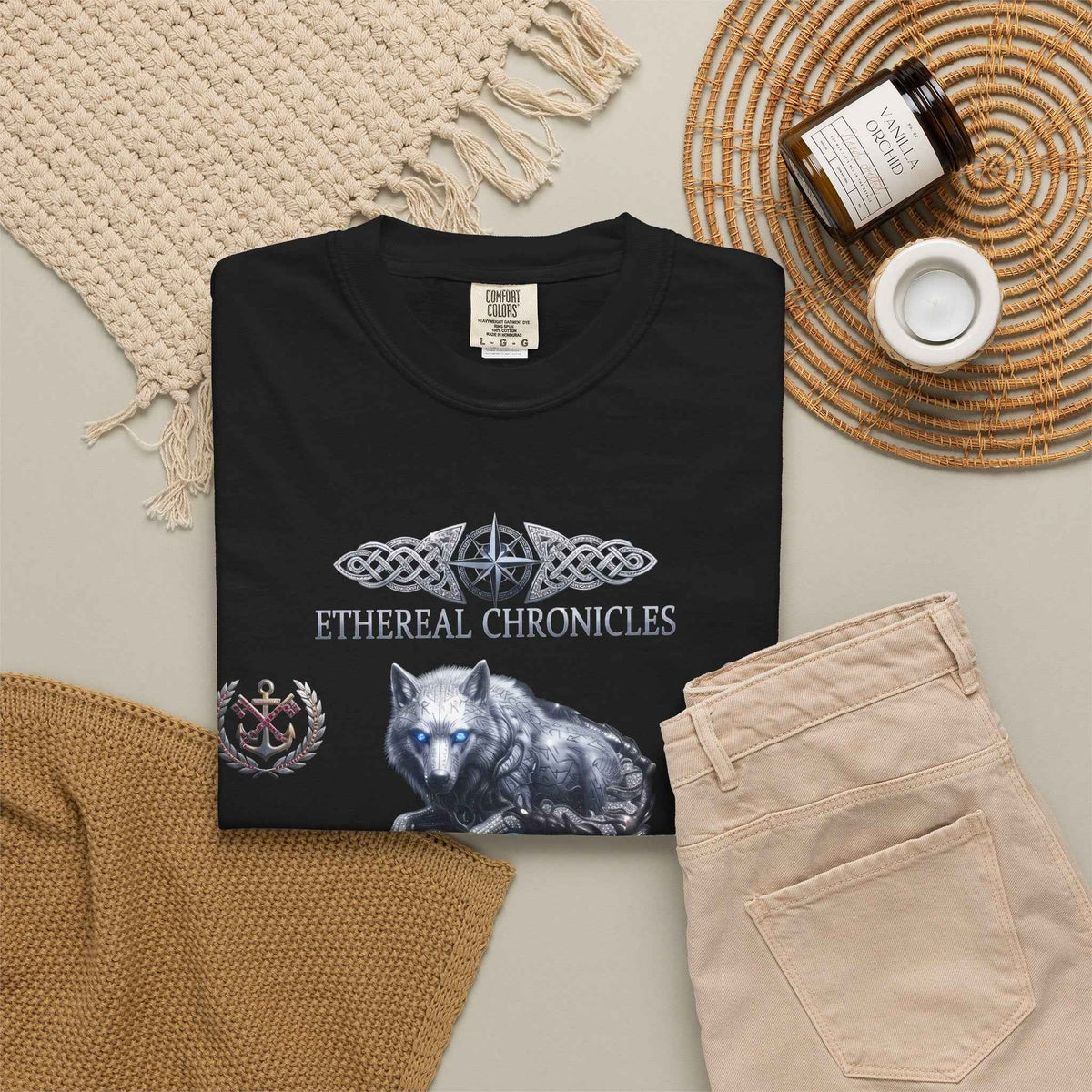 Mythical Wolf & Celestial Owl Graphic Tee, Dark Gothic Heavyweight Unisex