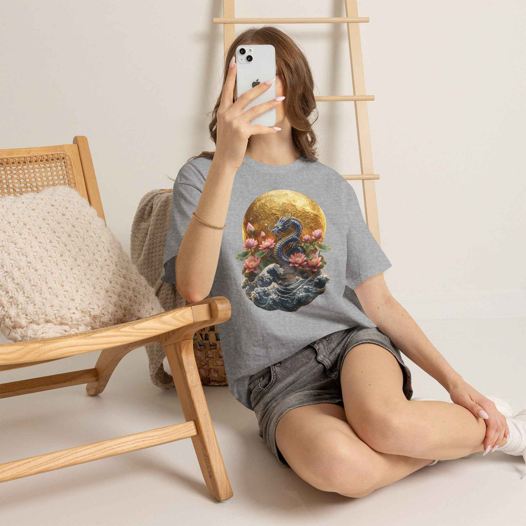 Japanese Dragon & Lotus Moon Graphic Tee - Heavy Cotton Streetwear