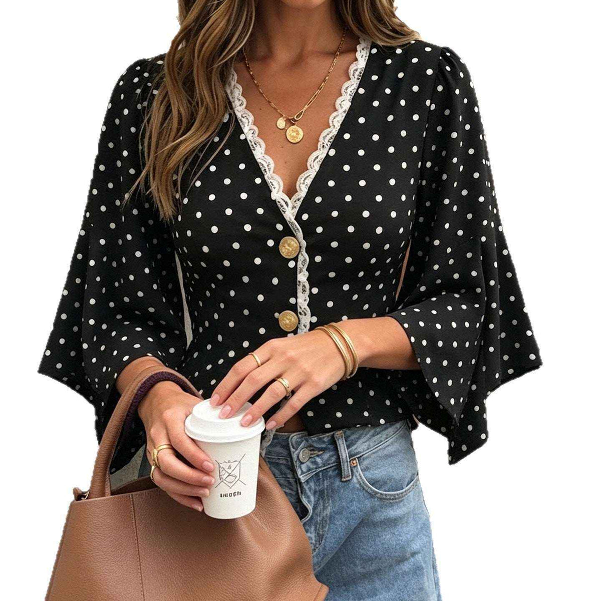 French-Style Vintage Chic Wave Polka Dot T-Shirt