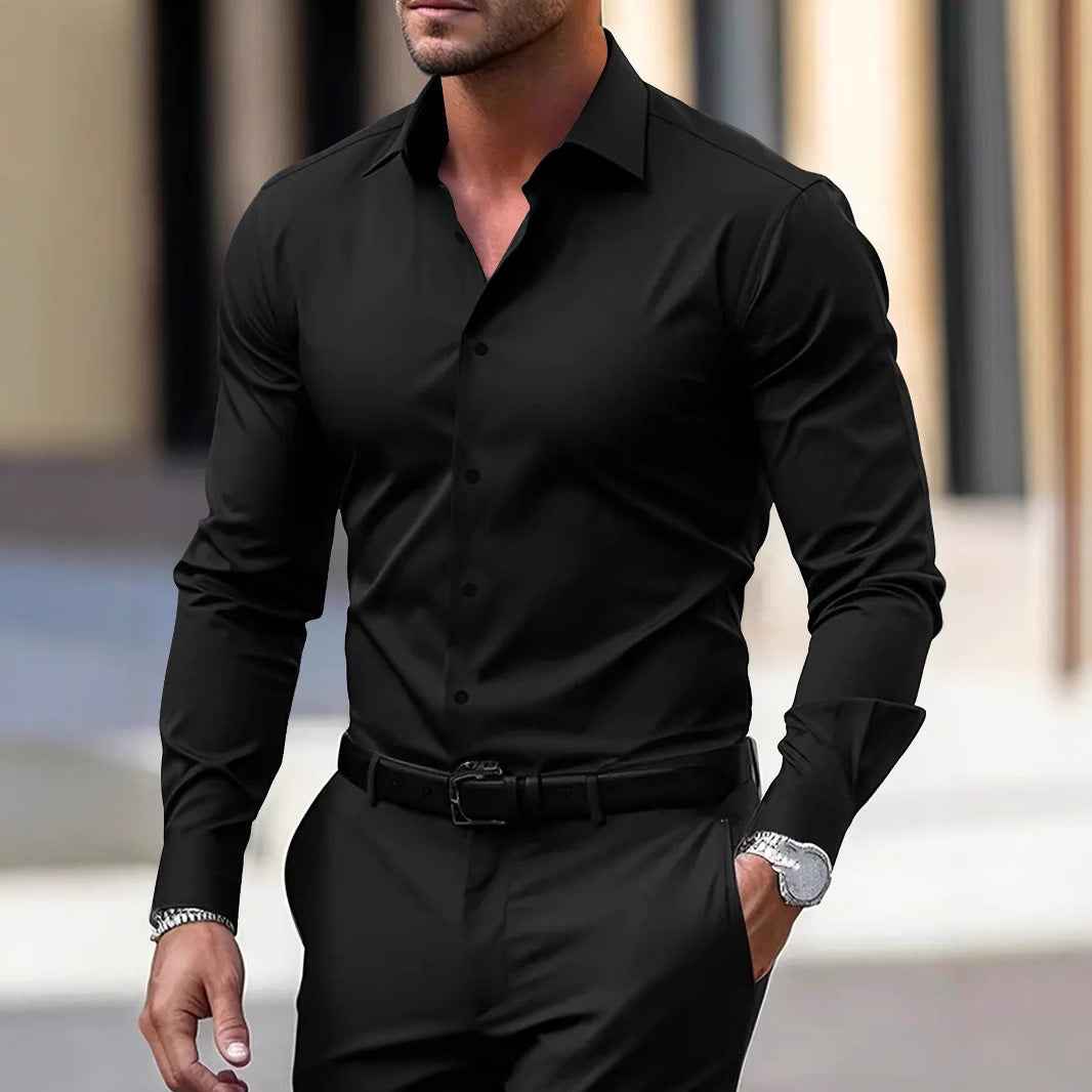 Men's Business Button-Down Shirt - Summer Solid Color Lapel Style