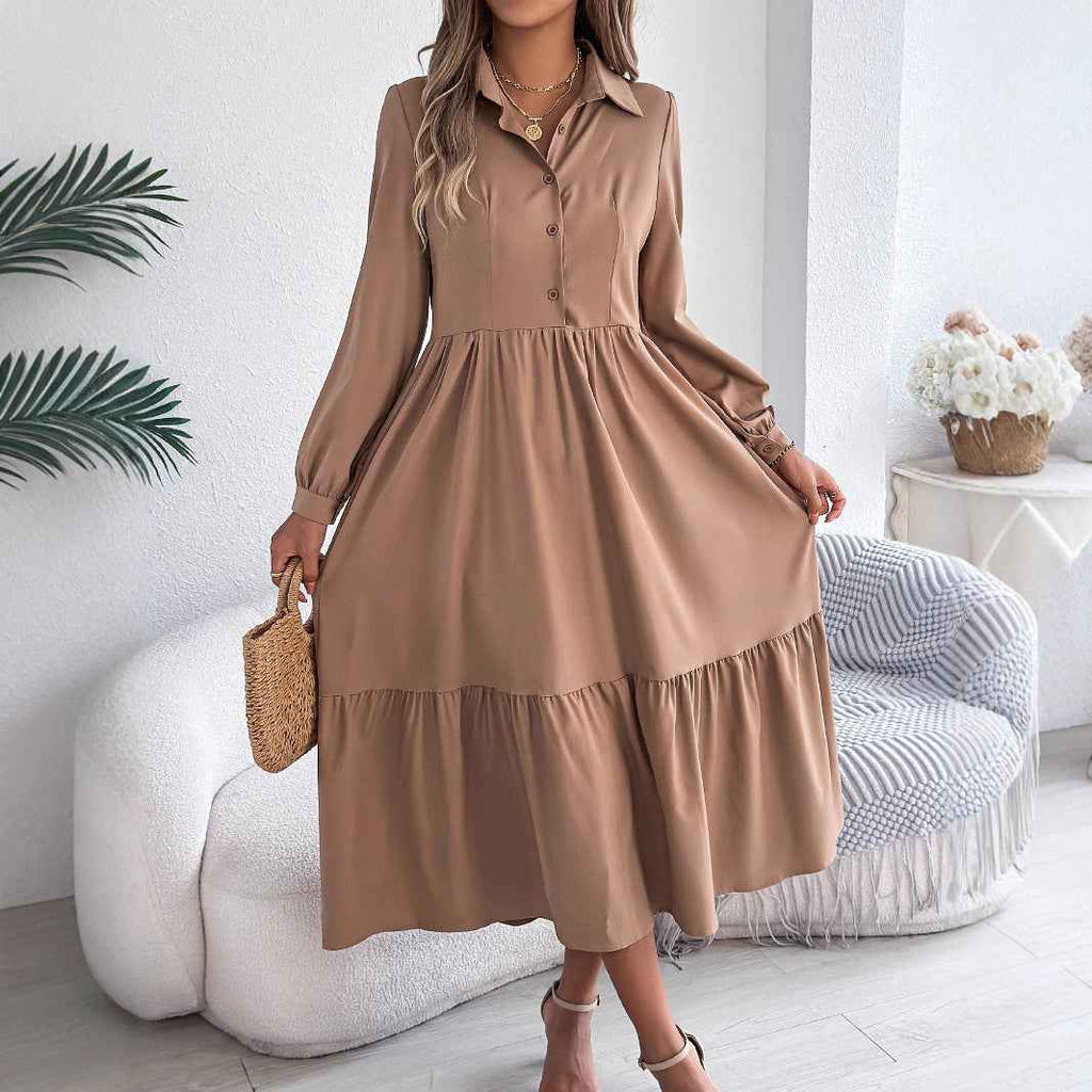 Women's Lapel Ruffled Long Sleeve Dress - Elegant Turn-Down Collar Shirt for Spring/Autumn Vacations