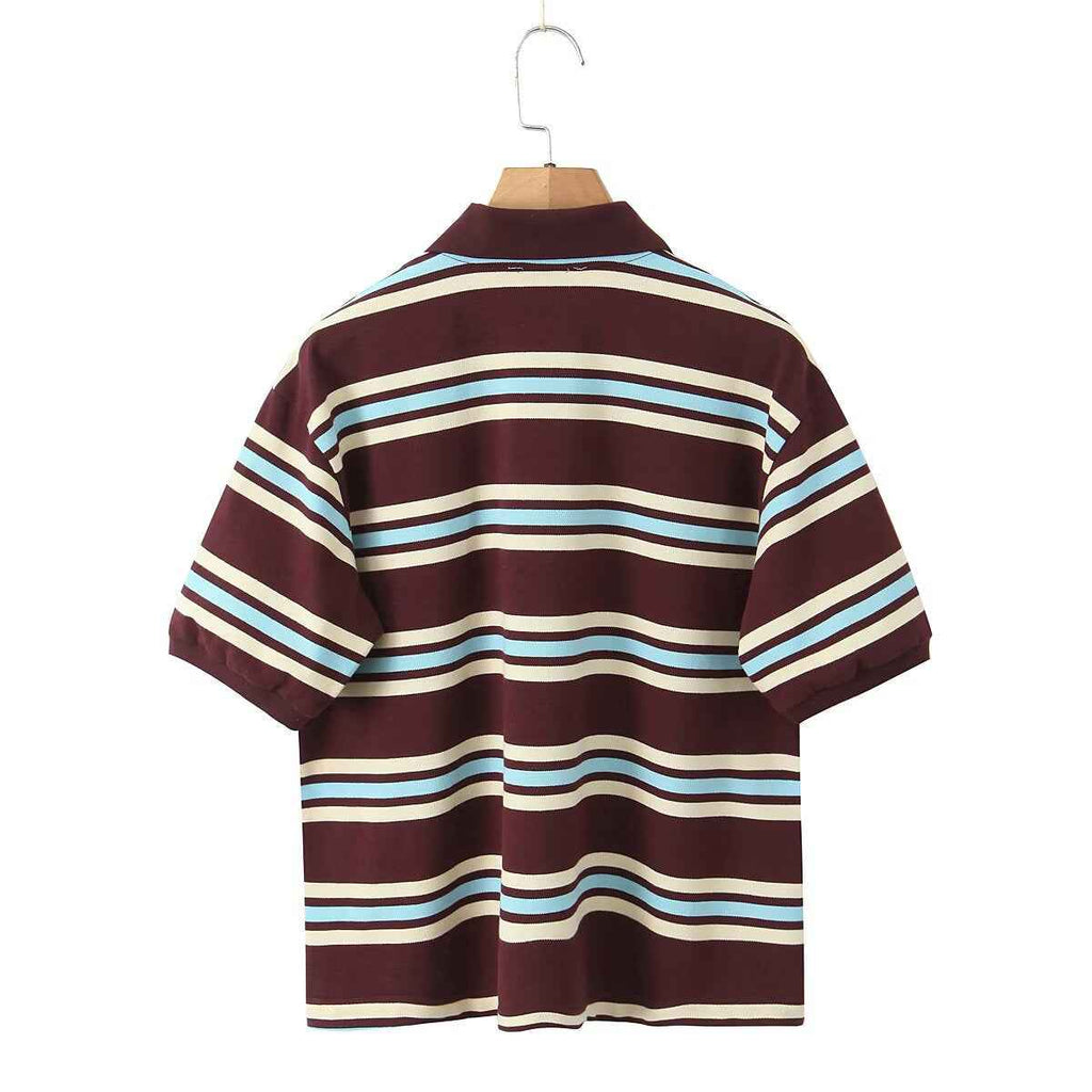 Retro Contrast Color Pure Cotton Striped Polo Shirt