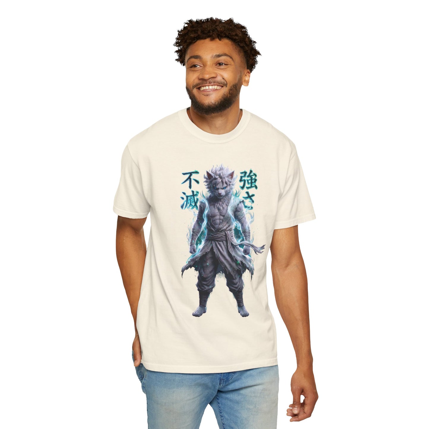 Y2K Cyberpunk Graphic Tee White Silver Cat Warrior Unisex Harajuku Style Streetwear Comfort Colors 1717 T-Shirt