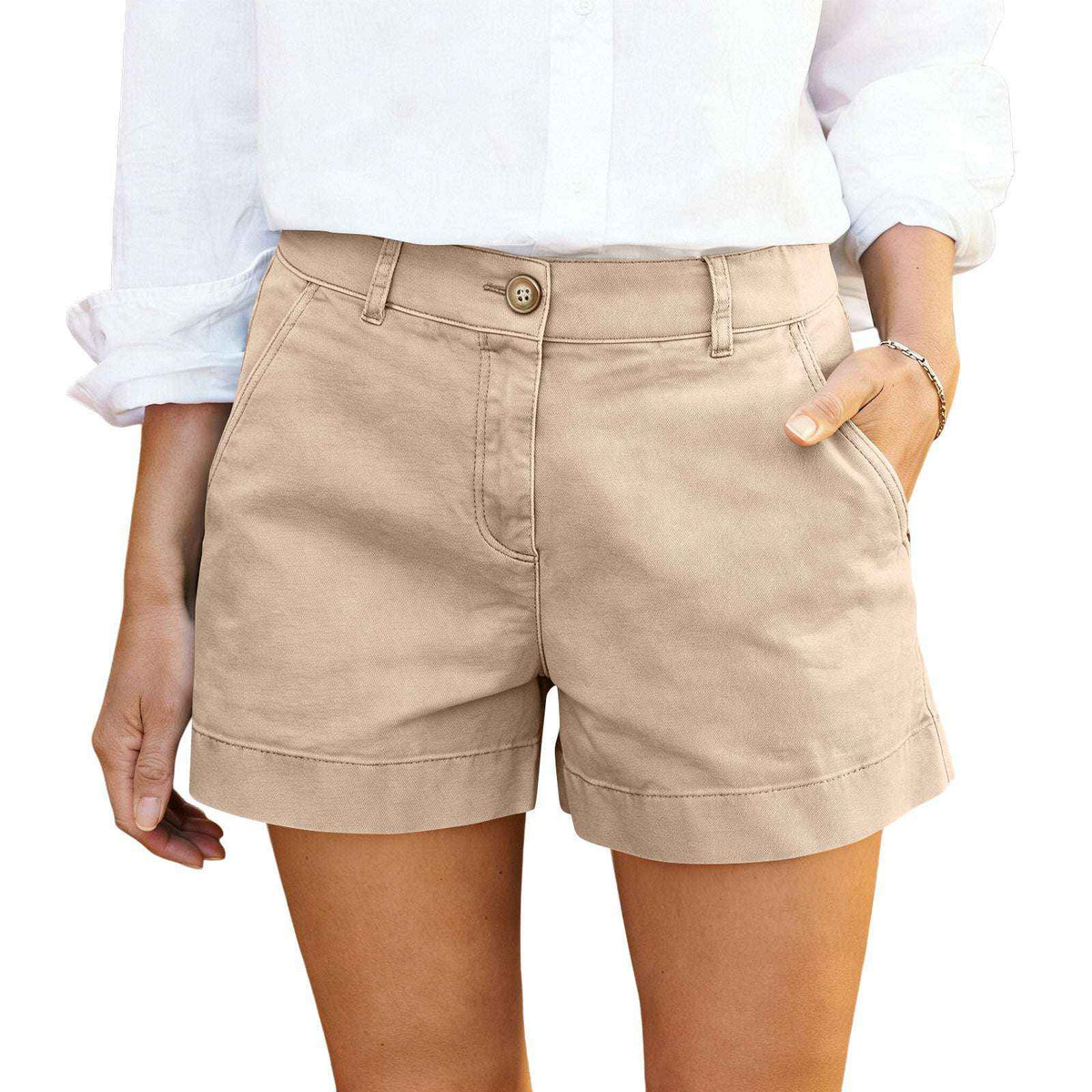Women's High-Waisted Bermuda Shorts - Twill Cotton Casual & Elegant