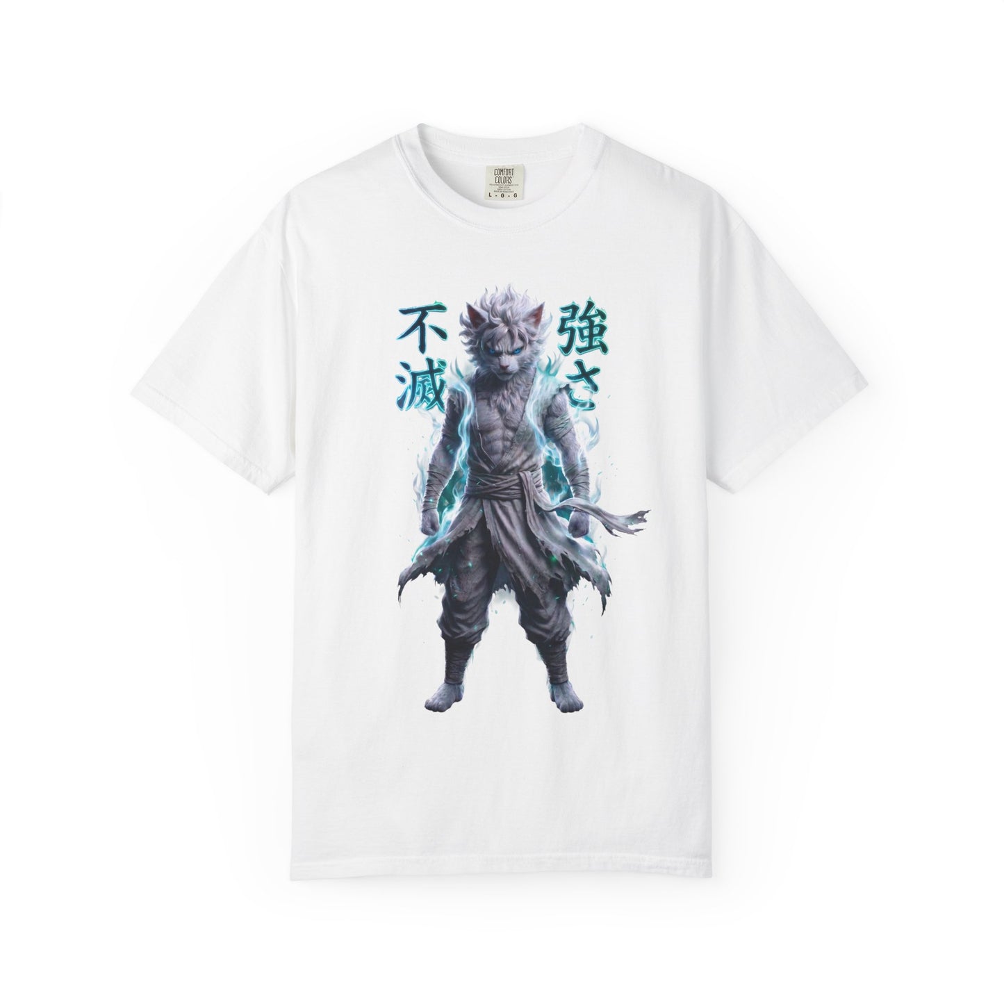 Y2K Cyberpunk Graphic Tee White Silver Cat Warrior Unisex Harajuku Style Streetwear Comfort Colors 1717 T-Shirt