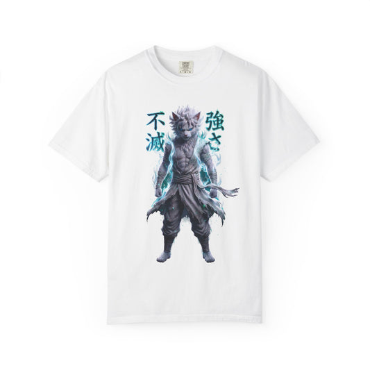 Y2K Cyberpunk Graphic Tee White Silver Cat Warrior Unisex Harajuku Style Streetwear Comfort Colors 1717 T-Shirt