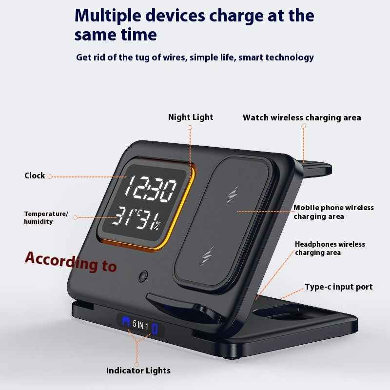 15W Wireless Charging Stand 5-in-1 Alarm Clock: Multi-Device Fast Charger