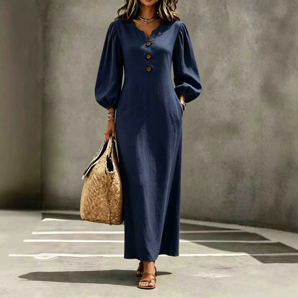 V-Neck Puff Sleeve A-Line Dress Women Long Casual Summer Autumn