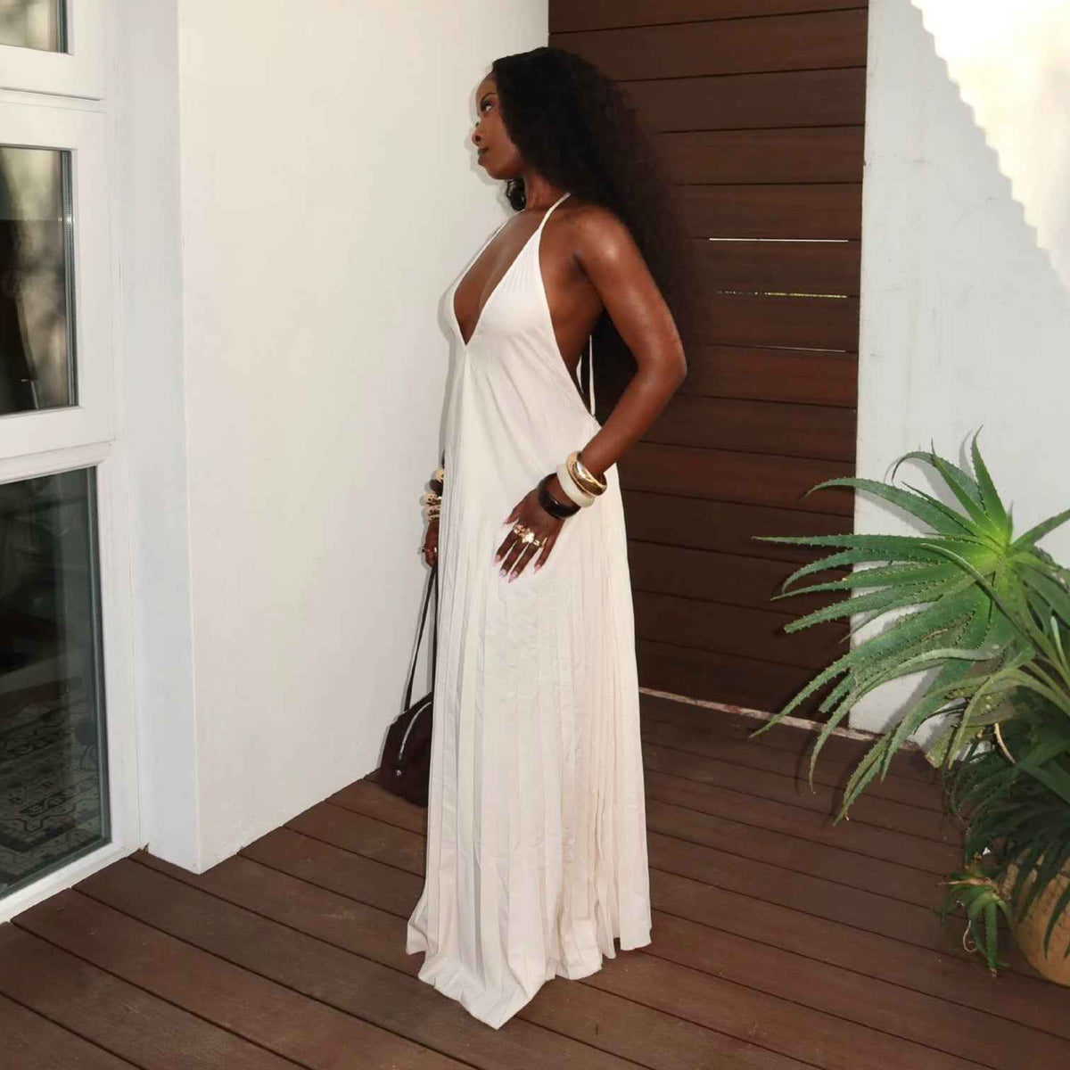 Elegant V-Neck Halter Maxi Slip Dress Ivory White
