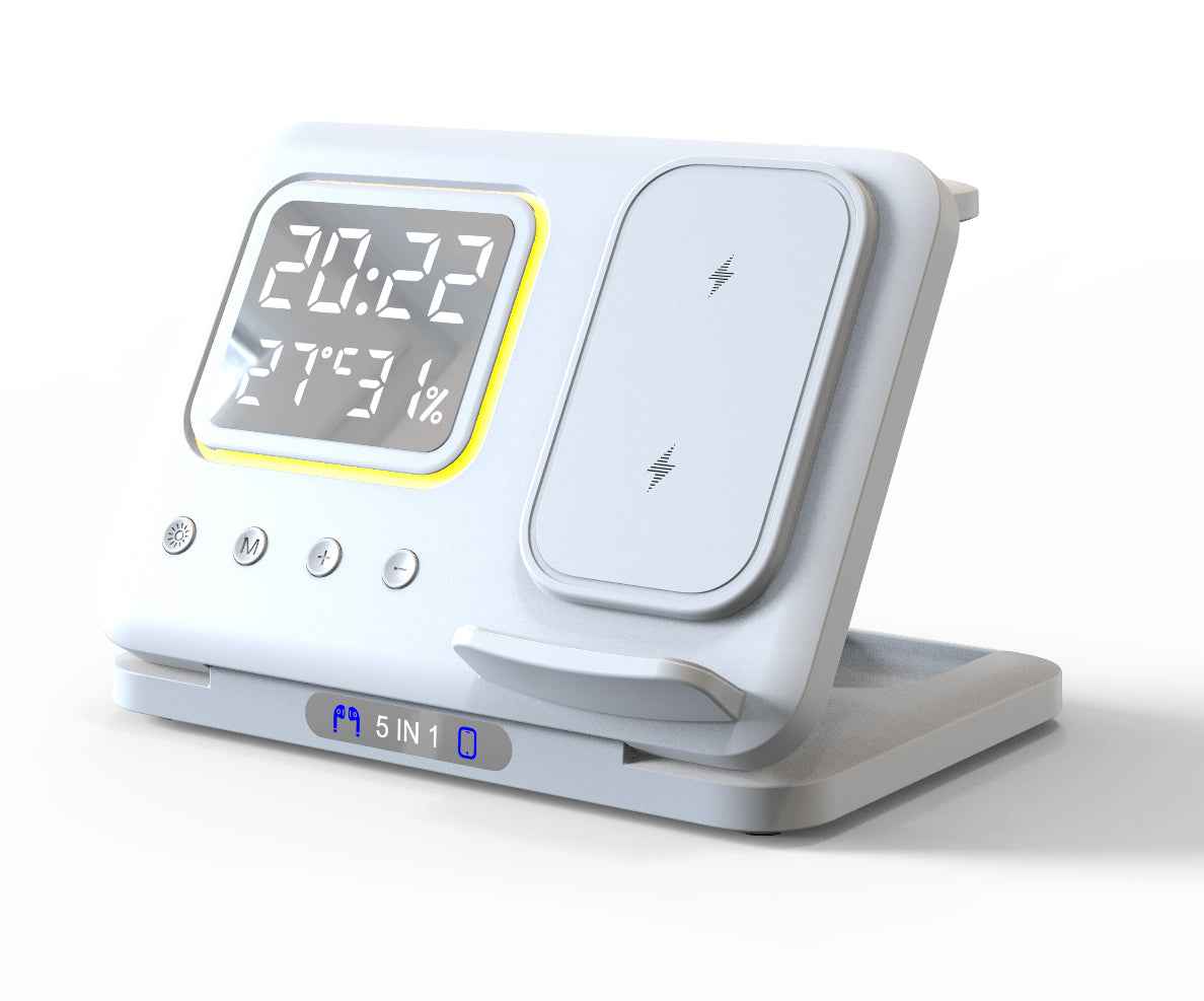 15W Wireless Charging Stand 5-in-1 Alarm Clock: Multi-Device Fast Charger