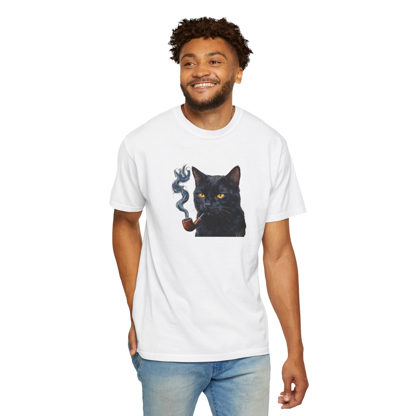 Smoking Cat Graphic T-Shirt — Retro Black Cat with Pipe Tee