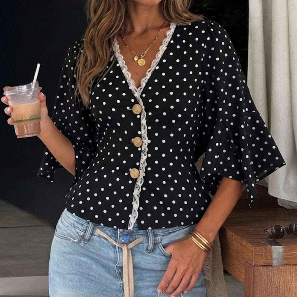 French-Style Vintage Chic Wave Polka Dot T-Shirt