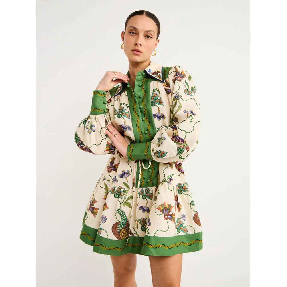 Elegant Long Sleeve Lapel Print Dress - Mid Waist & Stylish