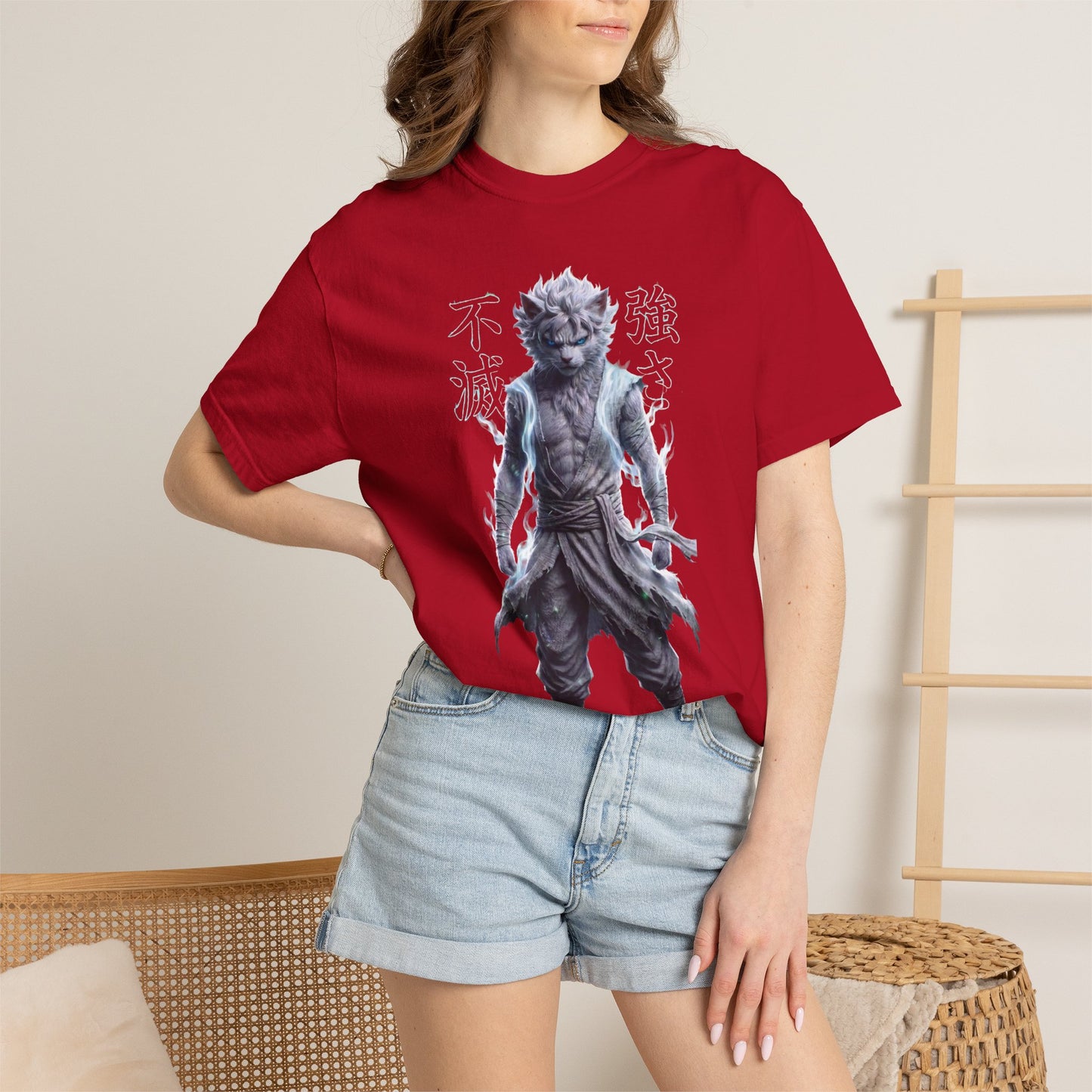 Y2K Cyberpunk Graphic Tee White Silver Cat Warrior Unisex Harajuku Style Streetwear Comfort Colors 1717 T-Shirt