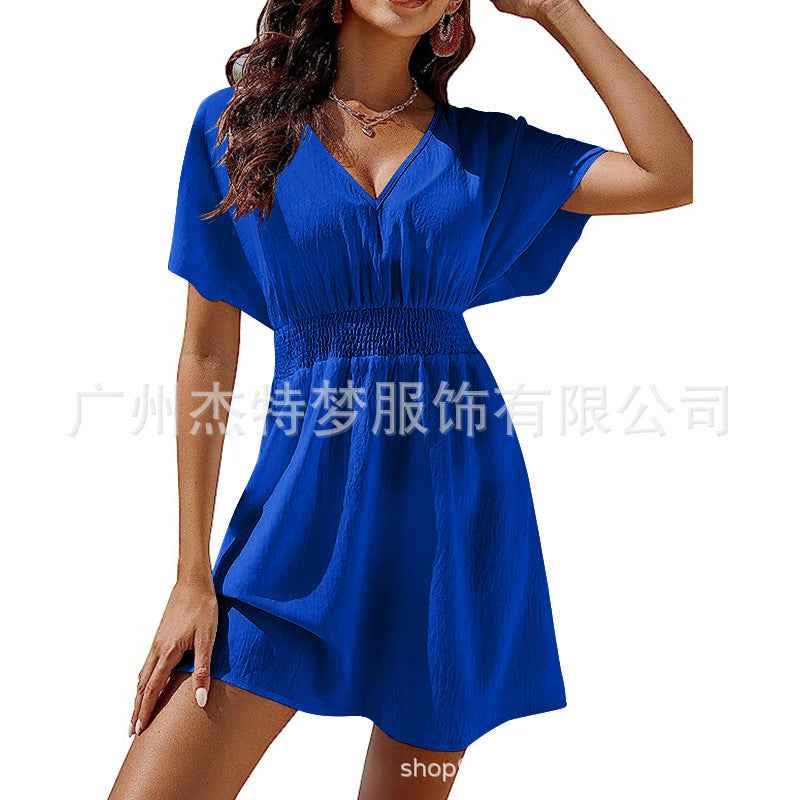 Elegant Women's V-Neck Pleated Chiffon Skirt Dress