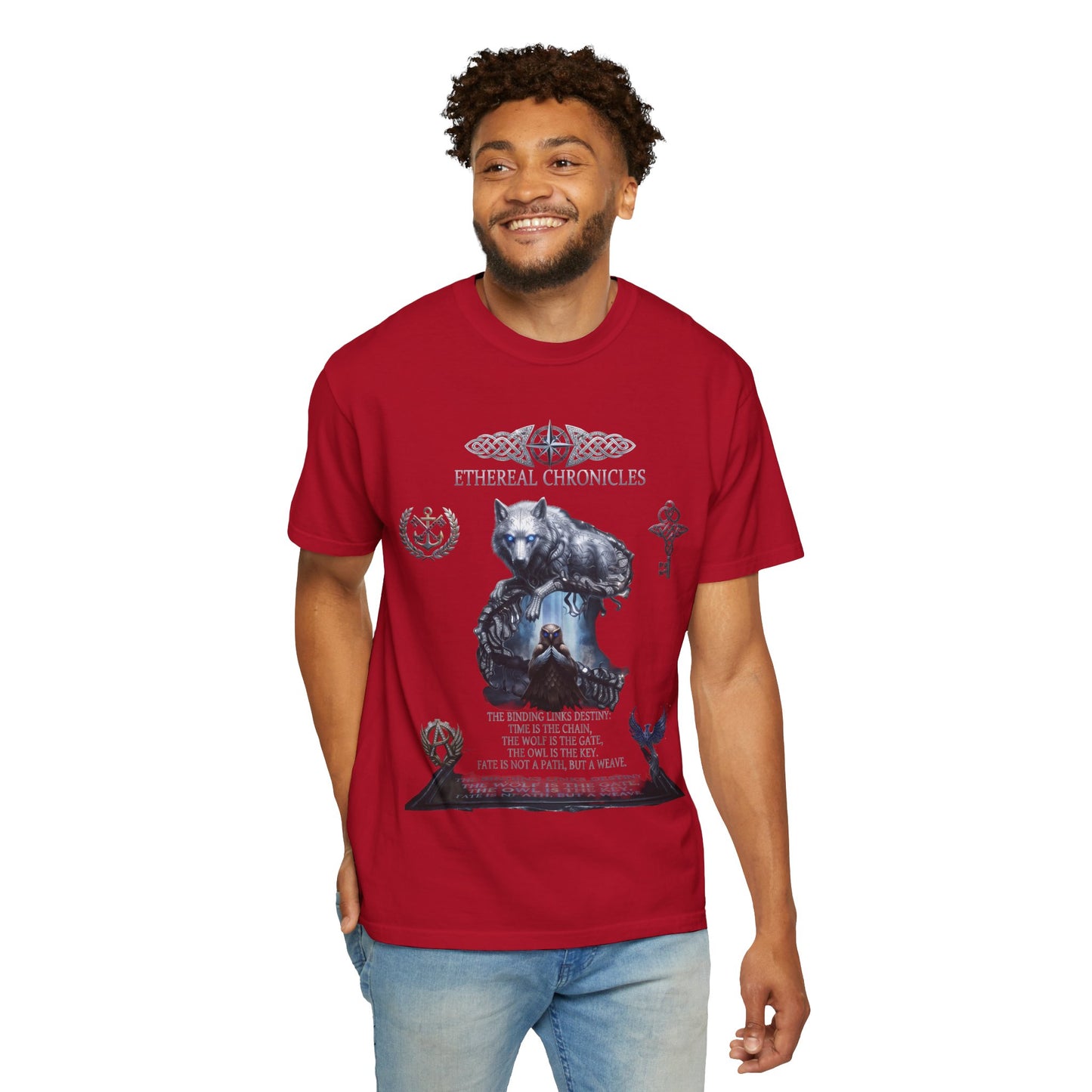 Ethereal Chronicles Graphic Tee | Mythical Wolf & Celestial Owl Shirts for Men & Women | Dark Fantasy Gothic Aesthetics Heavyweight Comfort Colors 1717 T-Shirt
