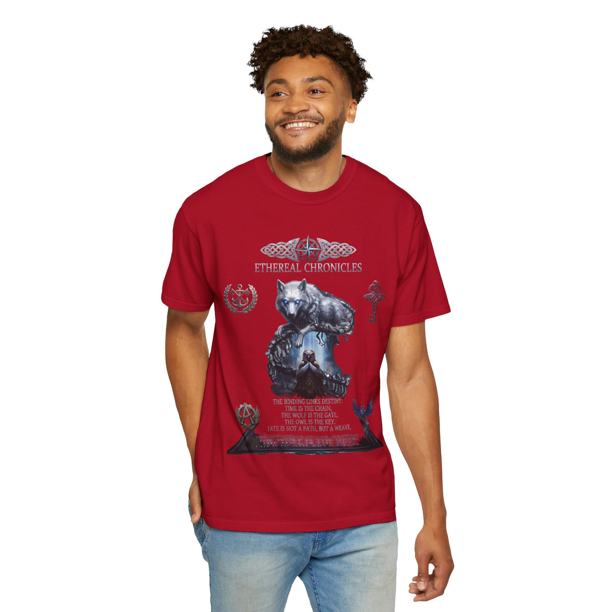 Mythical Wolf & Celestial Owl Graphic Tee, Dark Gothic Heavyweight Unisex