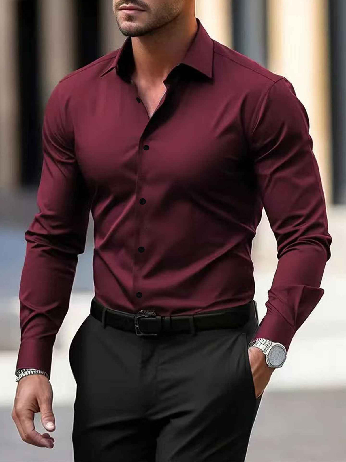 Men's Business Button-Down Shirt - Summer Solid Color Lapel Style