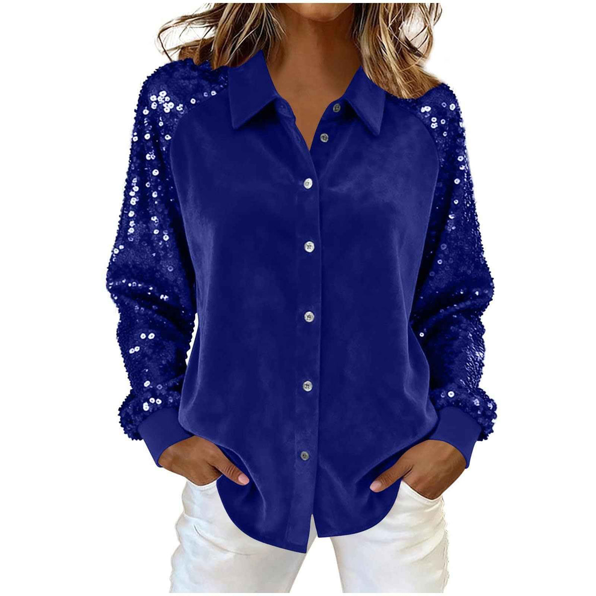Women's Sequins Long Sleeve Button-Down Blouse - Fashion Statement for Women
